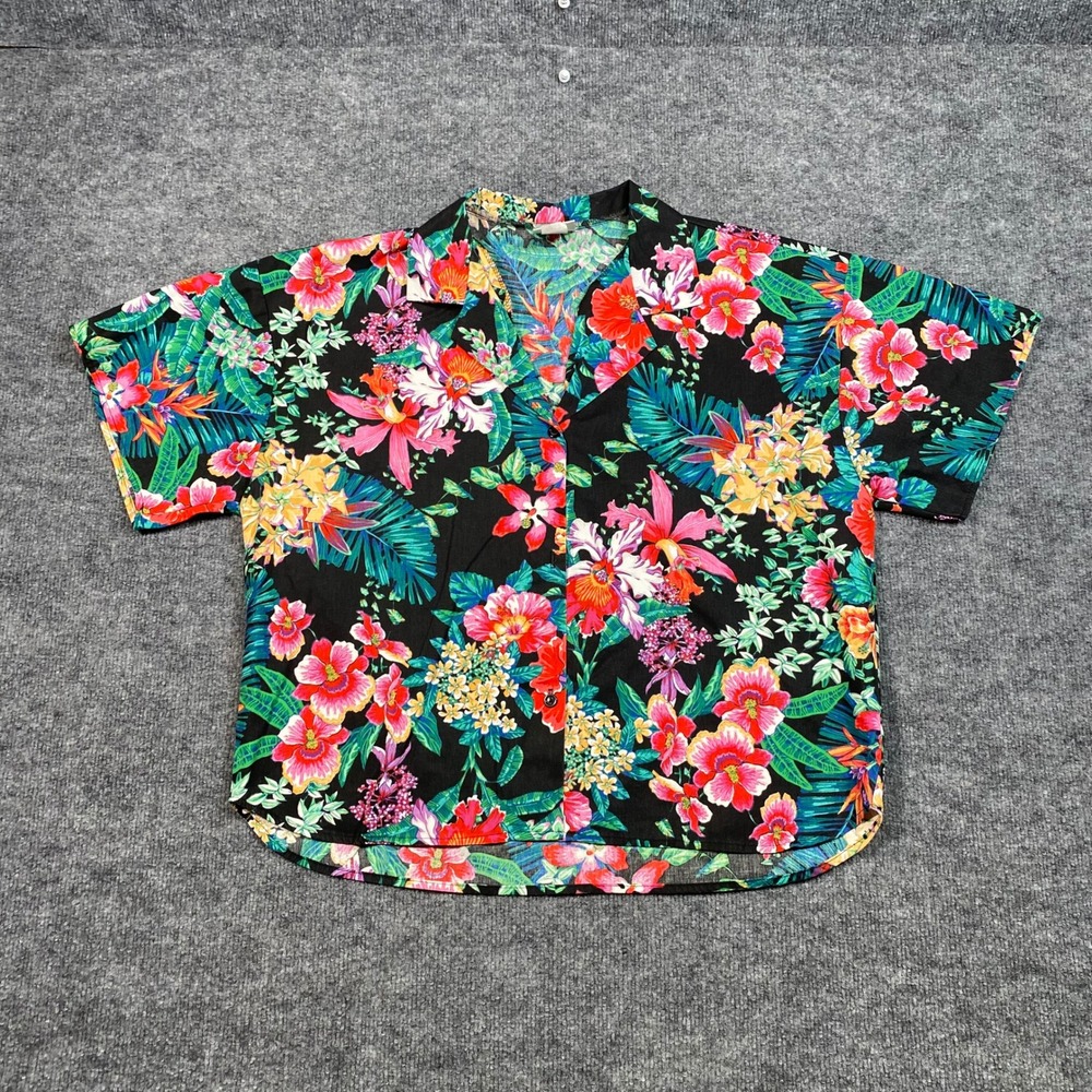 Palisades Beach Club Mens Floral Tropical Button Up Shirt Black Medium USA Made